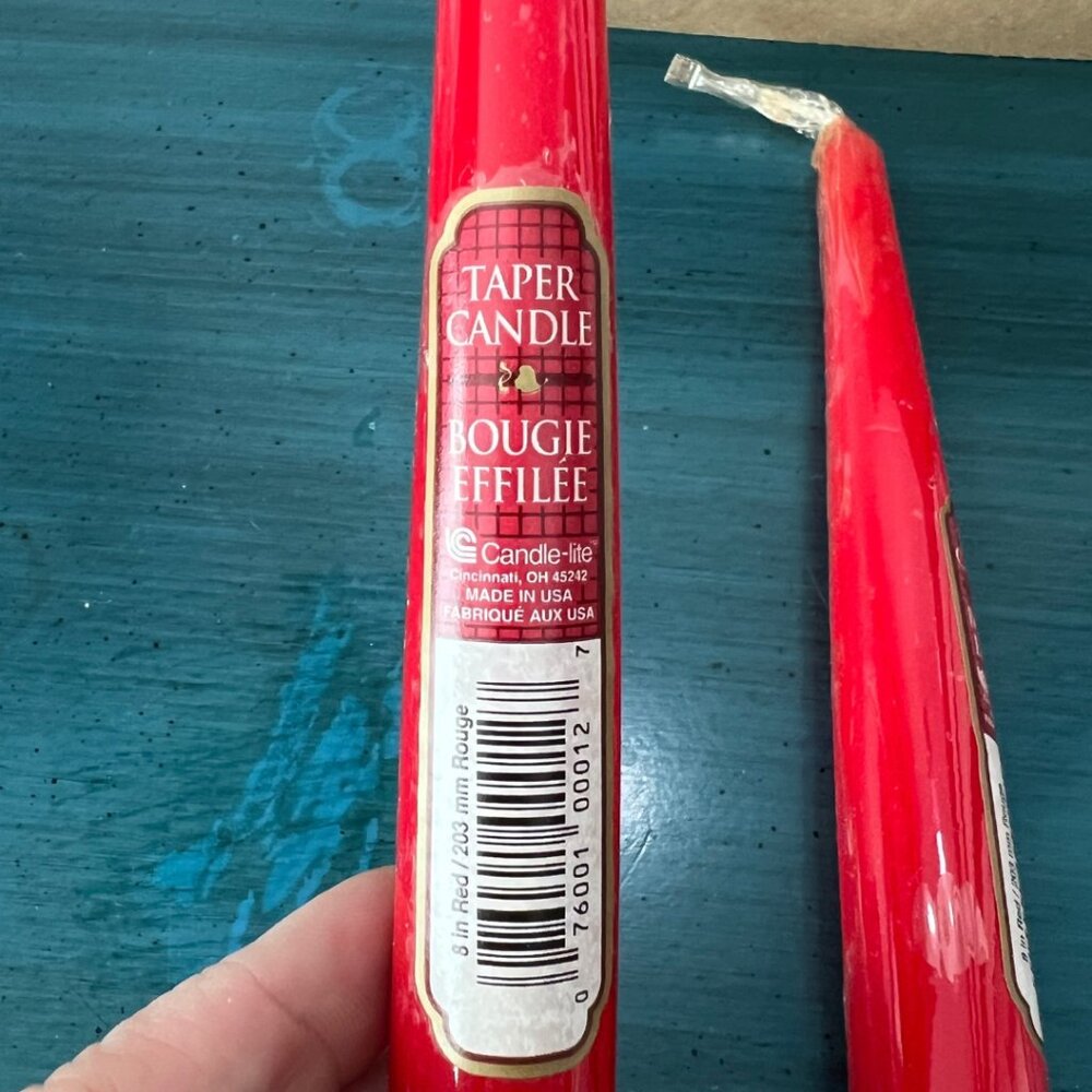 Vintage Lot of 2 Red Candle-lite Bougie Effilee Taper Candles 8" Long Brand New